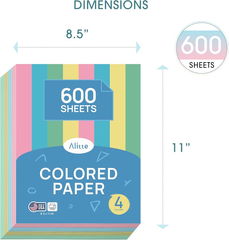 Alitte Colored Paper 8.5 x 11 - Copy Paper, 600-Pack Letter Size for Printer, Arts & Crafts, DIY Projects - Pink, Green, Blue, Yellow - School & Office Supplies - 150 Sheets Per Color - Image 3